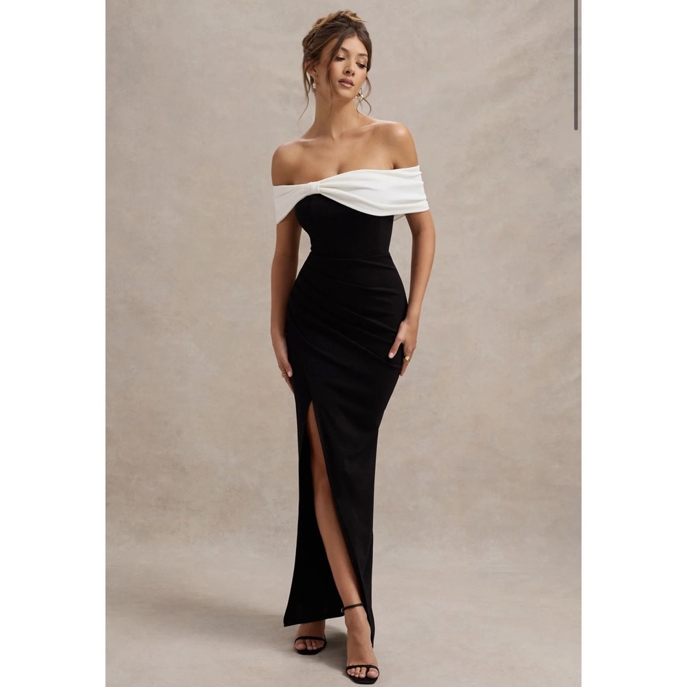 Club L London NWT EVA B&W Bardot Bow Detail Maxi Dress With Thigh Split